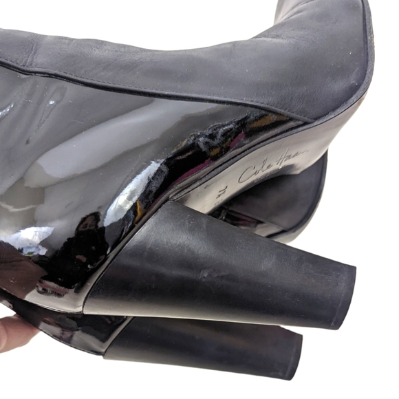 Cole Haan Leather Knee High Boots Heeled Patent Leather Womens 7.5 Black Block - Picture 9 of 14